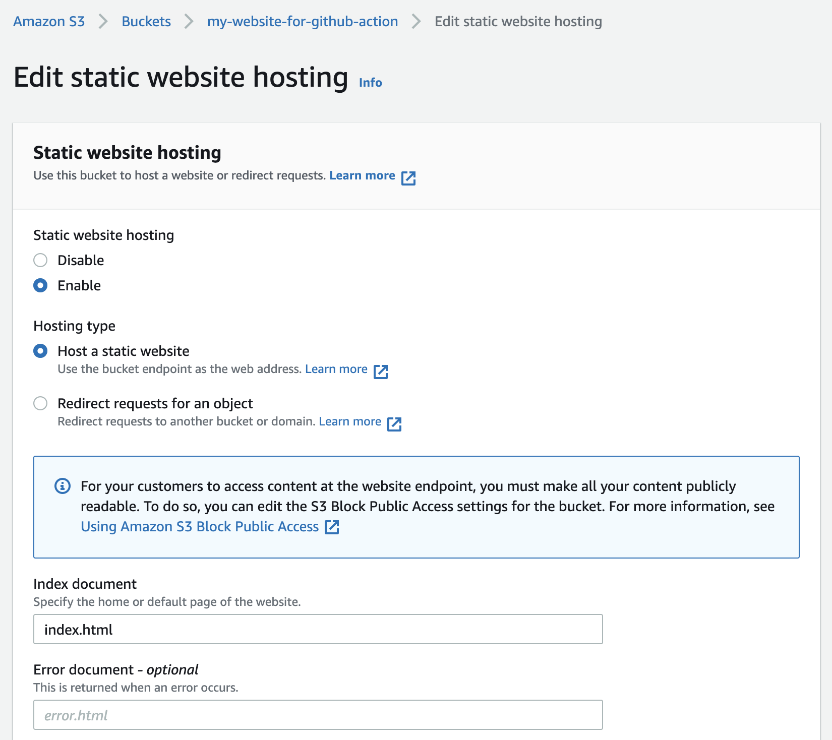 Configure Static website hosting